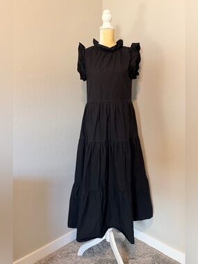 Chepe Italy Black Ruffle Neck Cotton Poplin Tiered Midi Dress - Size M